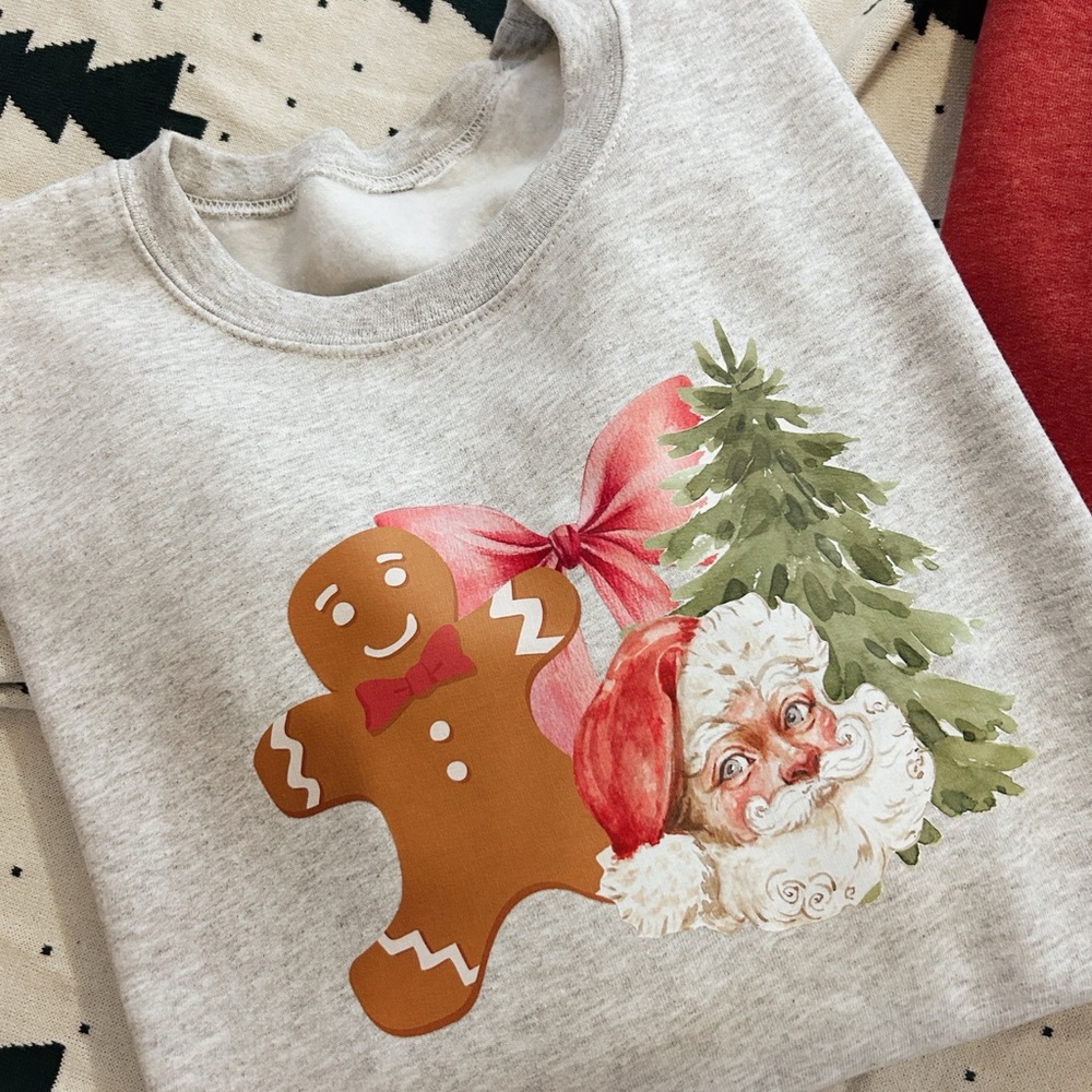 Festive Gray Holiday Sweatshirt with Santa and Gingerbread Design